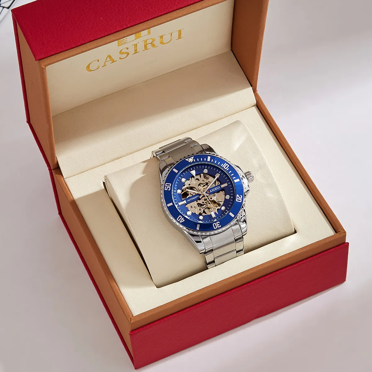 Luxury 22mm Business Mechanical Watch with round Alloy Case Stainless Steel Band Glass Dial Window Featuring Pointer Display