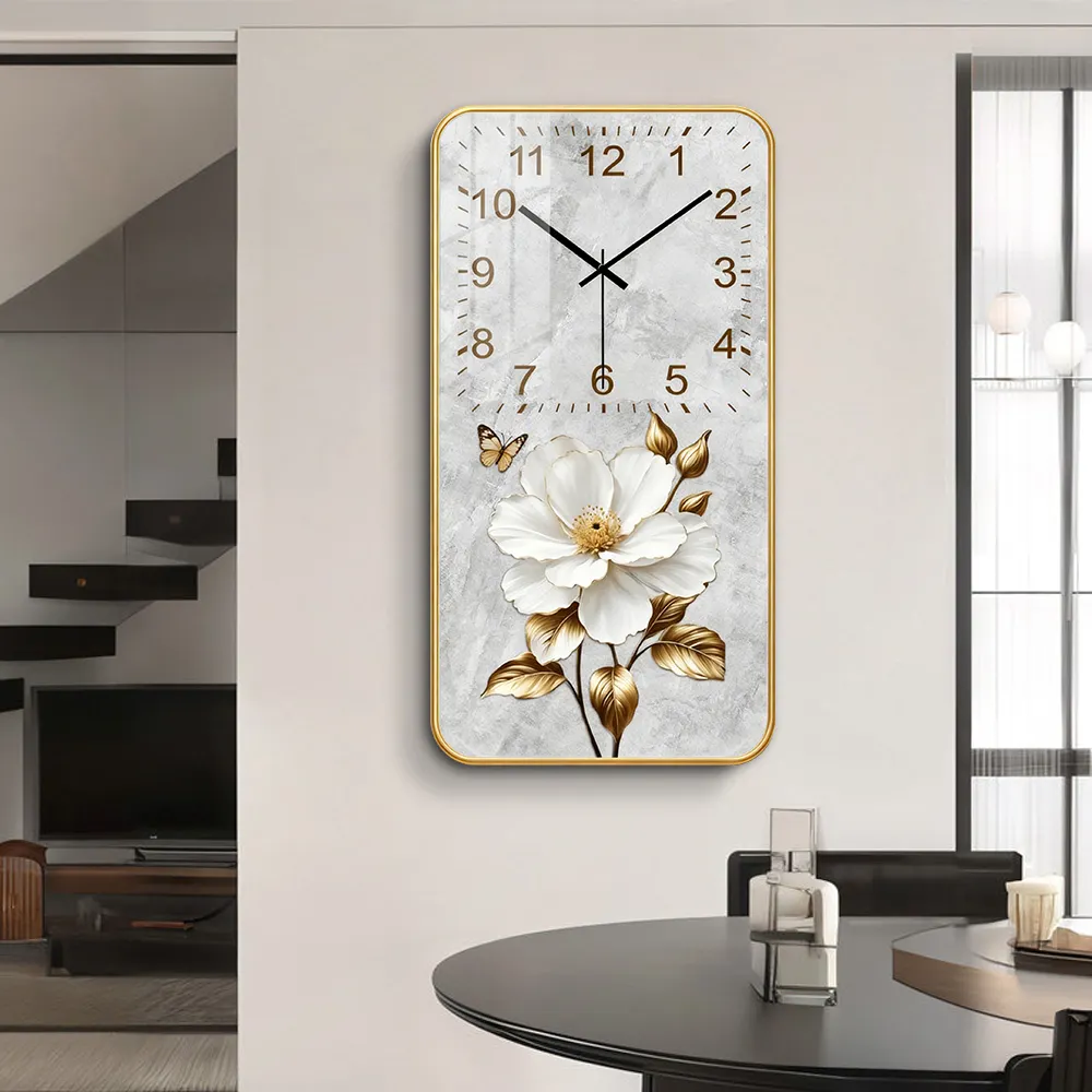 Hot Selling Home Dining Room High Quality Decorative Flower Picture Crystal Porcelain Printed PVC Framed Painting Wall Clock