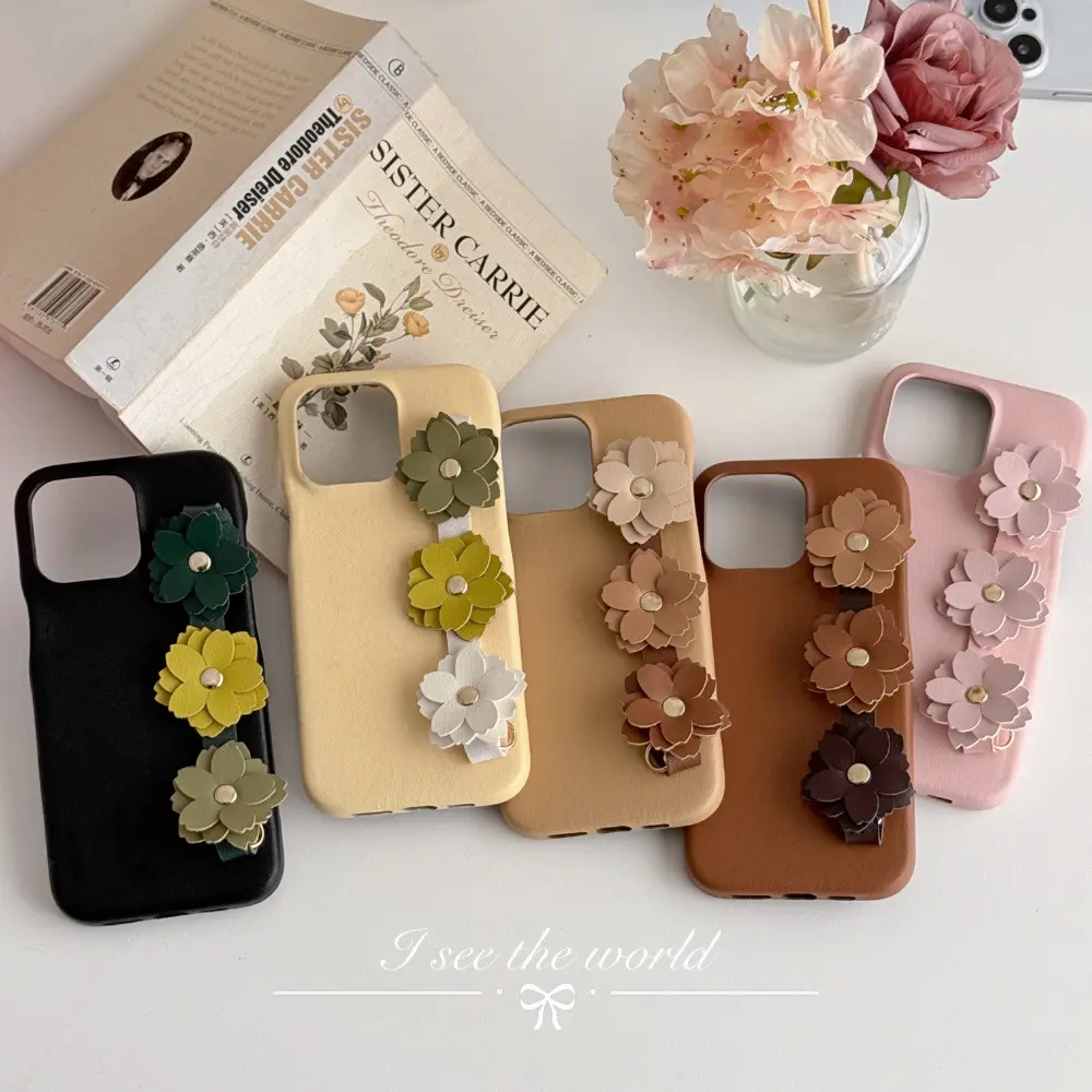 Luxury Solid Color Flower Rhinestone Wrist Strap Phone Case for for 14/15/16/17 Shockproof Protective Case