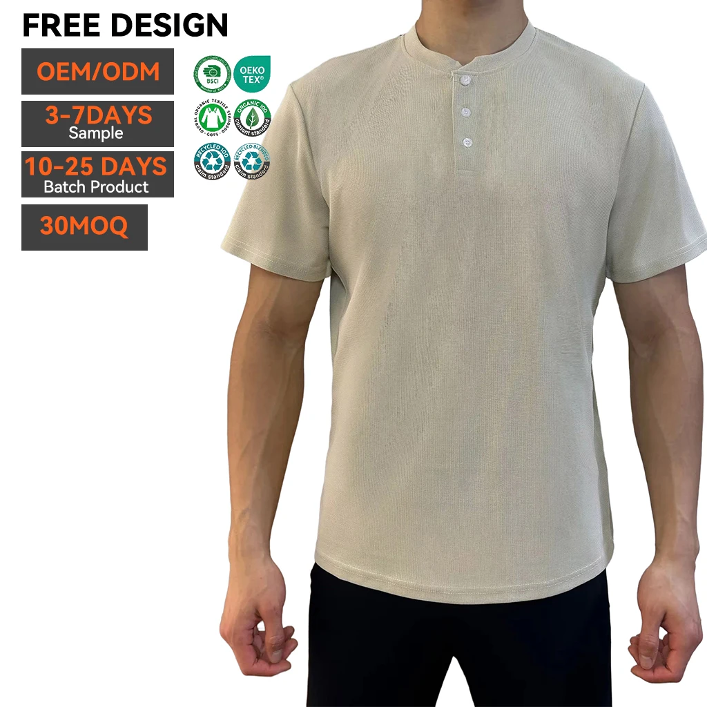 AMZ Custom Summer Slim Fit Style T-Shirt US Size Short Sleeve Button up Tees Casual Henley Woven Solid Mens t Shirt