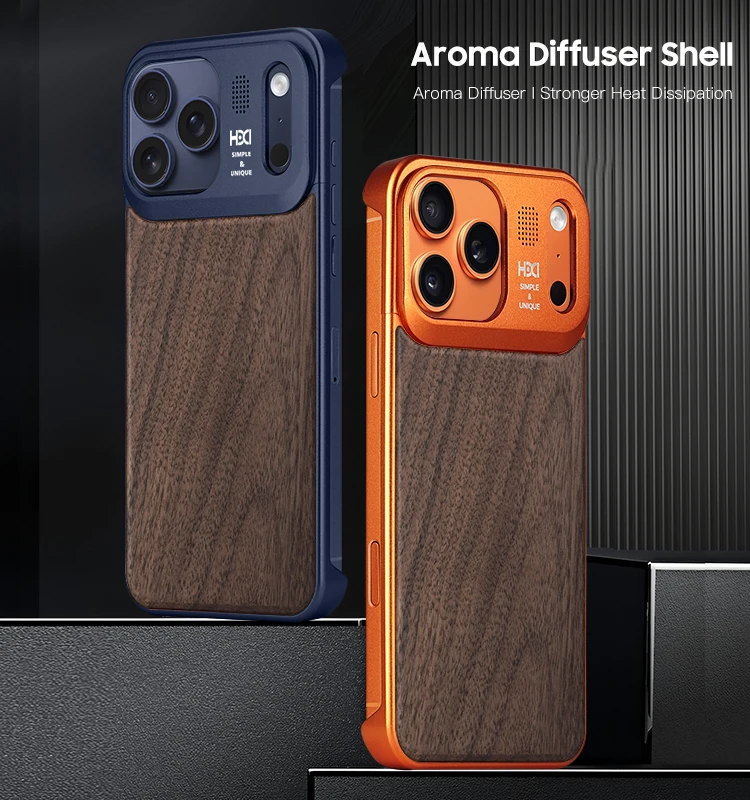 HDD Metal Walnut Magnetic Scented Diffuse Anti-Fingerprint Wireless Charging Shockproof Phone Case for 17 Pro Max