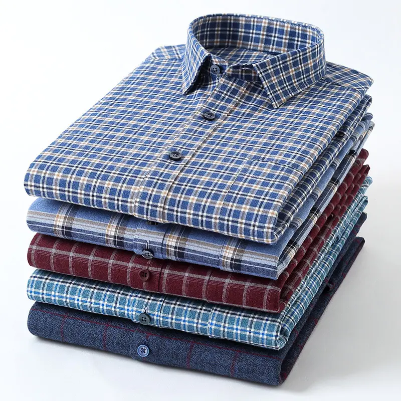 Autumn and Winter Hot Sale Pure Cotton Brushed Casual Shirt Men's Long-sleeved Plaid Shirt square Collar Shirt Custom Wholesale