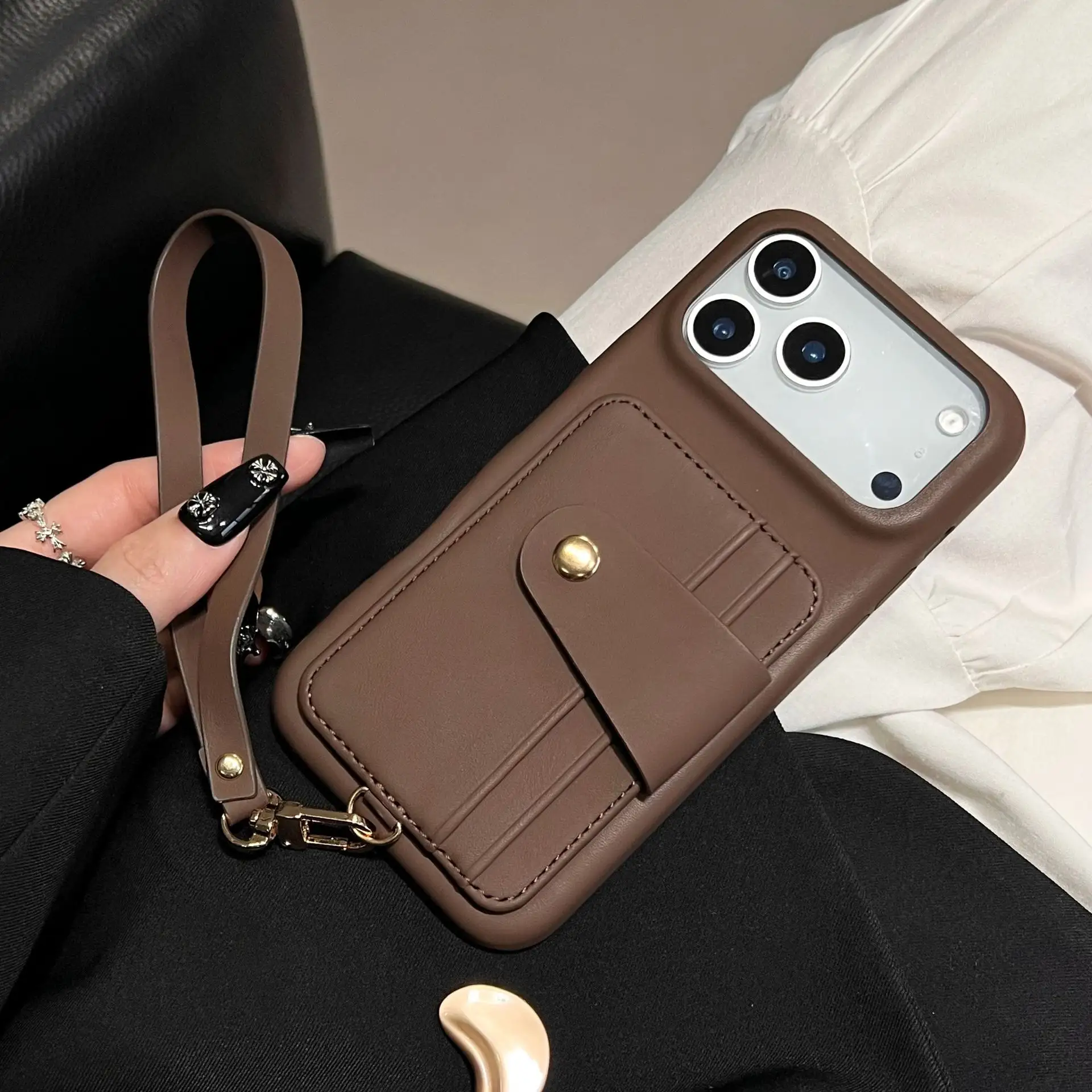 New Design Card-insertable Leather Phone case with Portable Rope for iPhone 11 12 13 14 15 16 17 Pro Max 17Air Drop-proof Cover