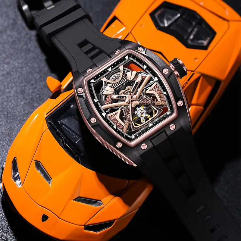 CHANCE JC-9-198G-5 Japanese Samurai Mechanical Watches Tourbillon Automatic Wristwatch Luxury Steel Case Hollow Dial Men Watch