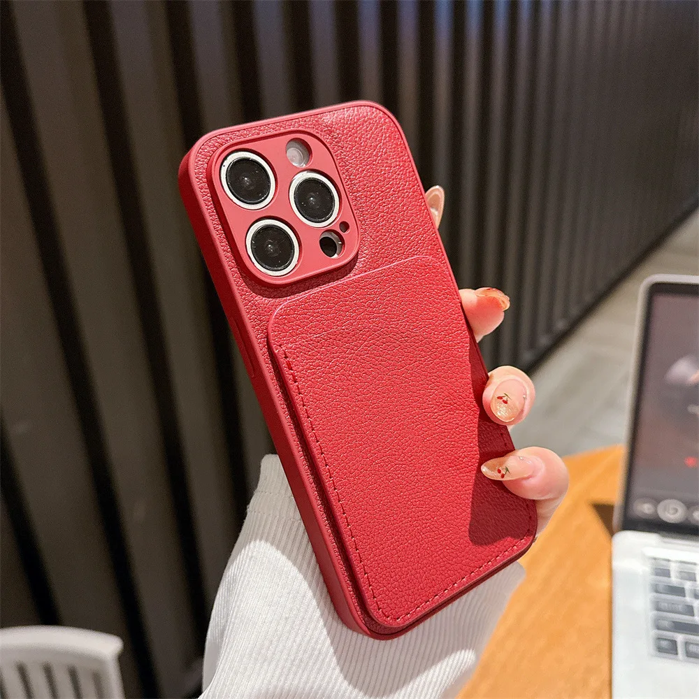 Plain Leather Card Slot Phone Case for iPhone 16 Samsung S24 S25 Anti-scratch Anti-fall Cover