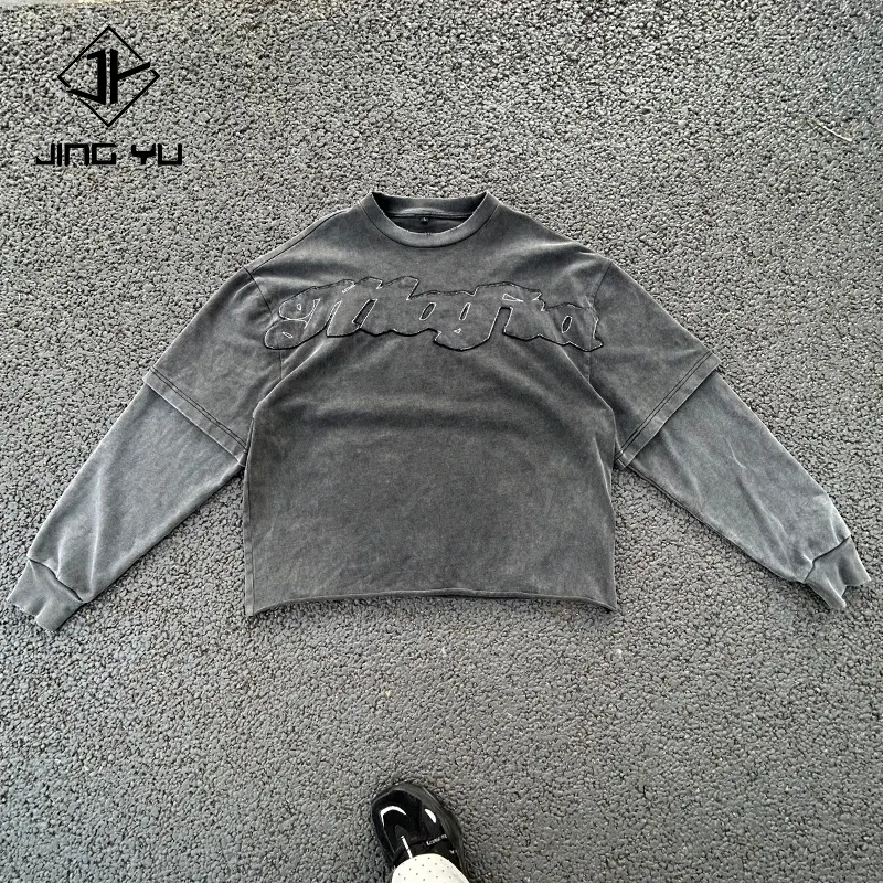 Custom Oversized Tshirt Applique Embroidered Patch Boxy Cotton Streetwear Vintage Acid Washed Double Layer Long Sleeve T-Shirt