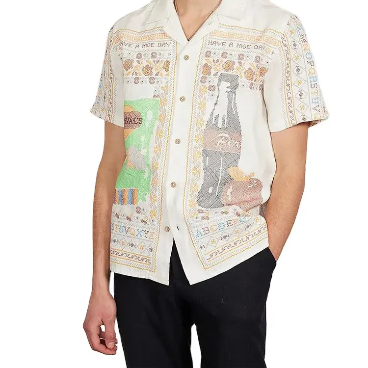 New Style Fashion Breathable Shirt Customized Logo Embroidery Short Sleeve Linen Cotton Button up Shirt for Men