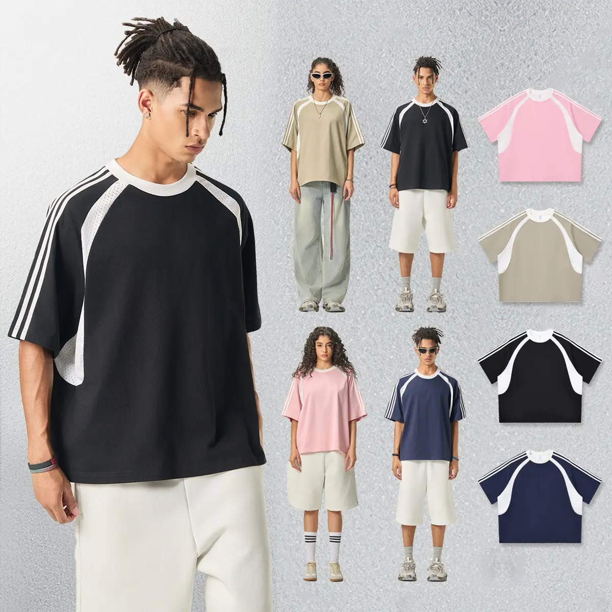 260GSM 100%Cotton Men's Retro Mesh Patchwork Streetwear Oversized Loose Reglan Short Sleeve T-Shirt