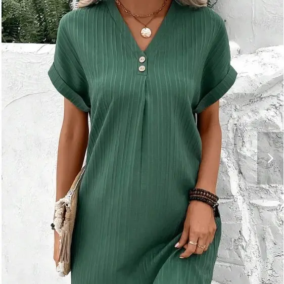 Women's Summer 2023 New V-neck Solid Color Knee-Length Loose Fit Casual Button Pullover Dress Comfortable Washable Natural Front