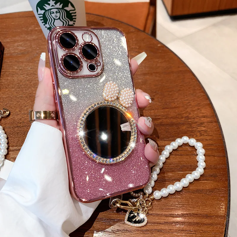 New Luxury Glitter Bling Crystal Diamond Mirror Phone Case for Iphone 16 15 14 13 12 17 Pro Max With Pearl Chain Bracelet Cover