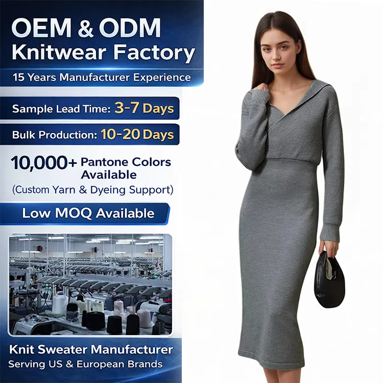 OEM ODM Clothing Manufacturers Women's Bodycon Knitted Dress V-neck Long Sleeve Nylon/Cotton Midi Length Minimalist Style Spring