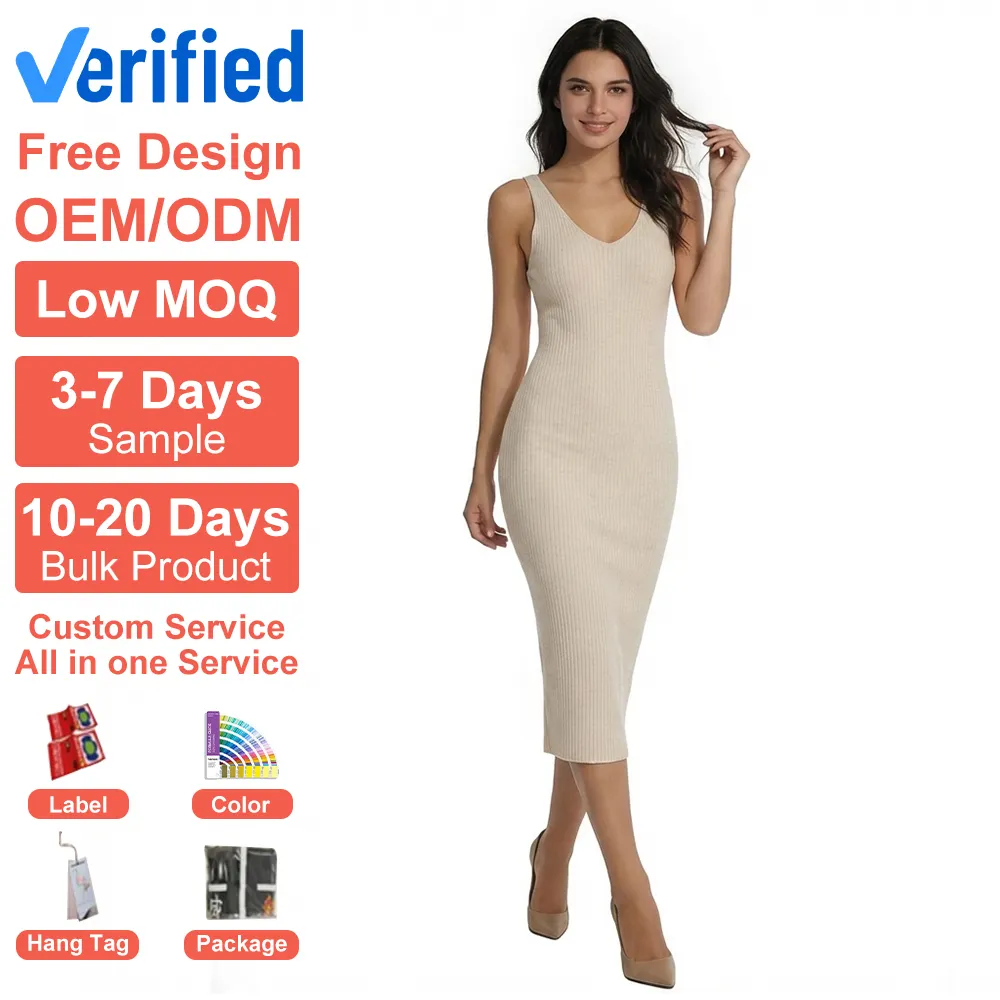Custom OEM/ODM Women's Wool Blend V-neck Slim Fit Ribbed Sleeveless Minimalist Style Midi Knitted Sweater Dress Manufacturer