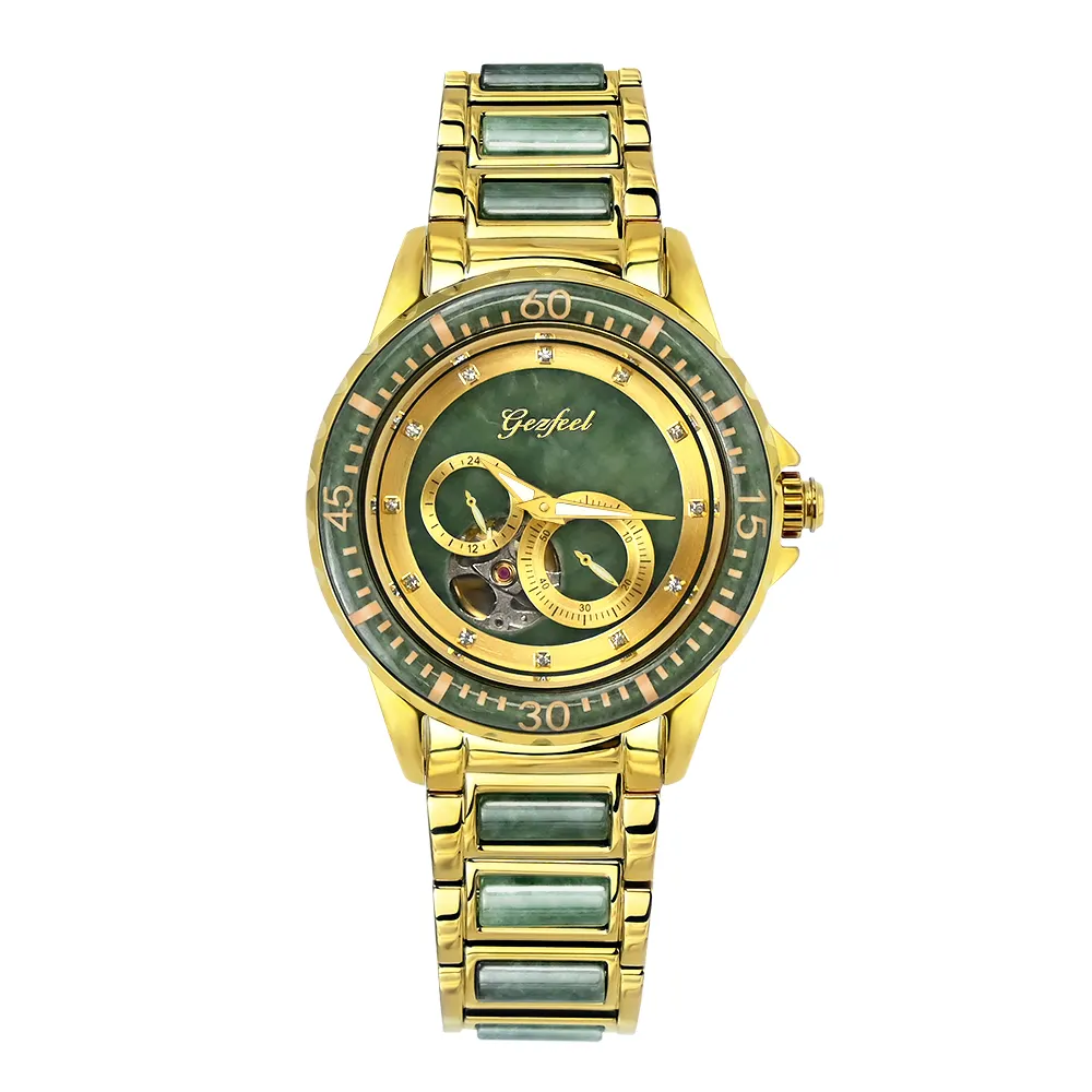 China Manufacturer Natural Jade Watches Hollow Out Skeleton Luxury Gold Mechanical Automatic Watch for Men Oem ODM