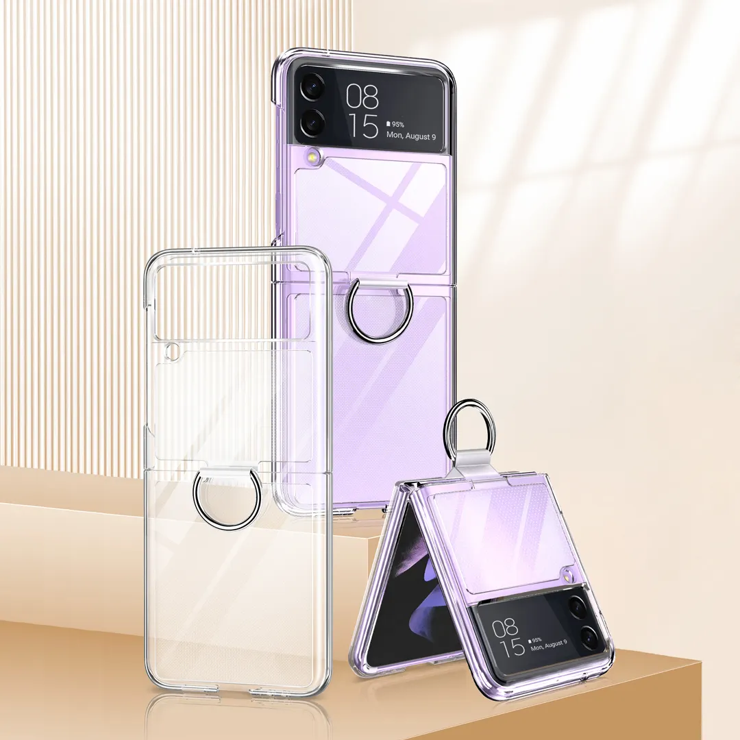 Smooth Frosted Anti Shock Mobile Phone Cover for Samsung Z Flip 4 3 With Finger Ring Crystal Clear Case