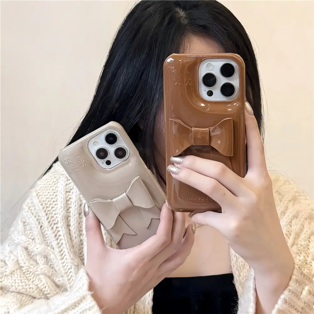 Autumn/Winter Three-Dimensional Bow Phone Case for 17/16/15 Pro for 14/13 360 Protection Solid Color Cartoon Design