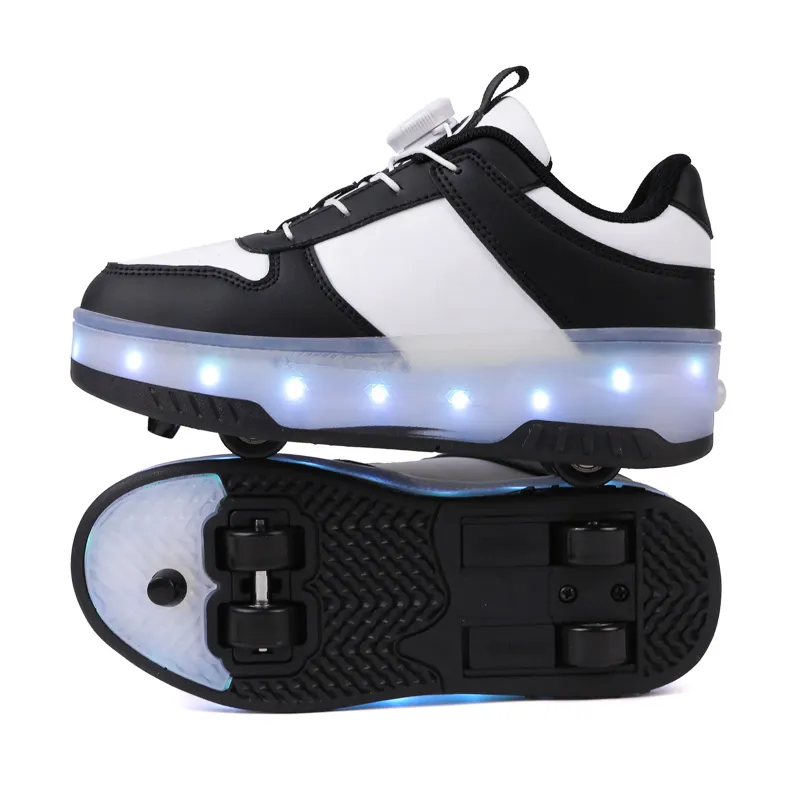 Youth Boys LED Light Skate Shoes Outdoor Sports Shoes Detachable Four-Wheel Roller Breathable Leather Material TPR Midsole Kids