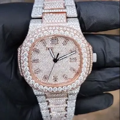 VVS Moissanite Unisex Watch with Limited Edition Stainless Steel Band Vintage Design Analog Dial in Two-Tone Silver Rose Gold