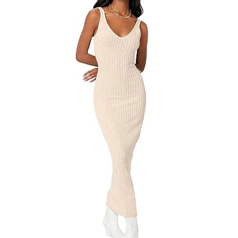 Women's Pure Cotton Slim Fit Summer Tank Dress Sexy Ribbed Knit V Neck Midi Bodycon Casual Club Party Sleeveless Dress