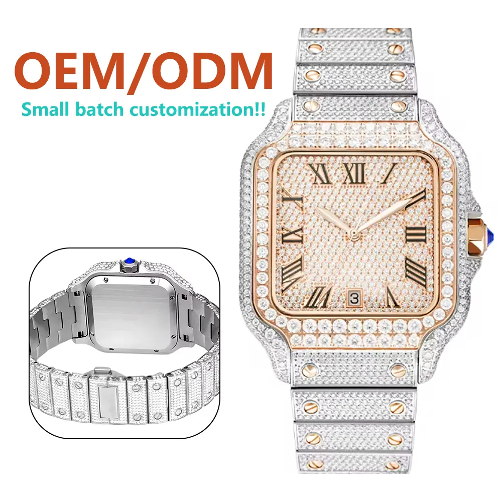 Customized High-quality Luxury Men's VVS Square Morganite Mechanical Watch 40mm Sapphire Crystal Stainless Steel Band 3BAR