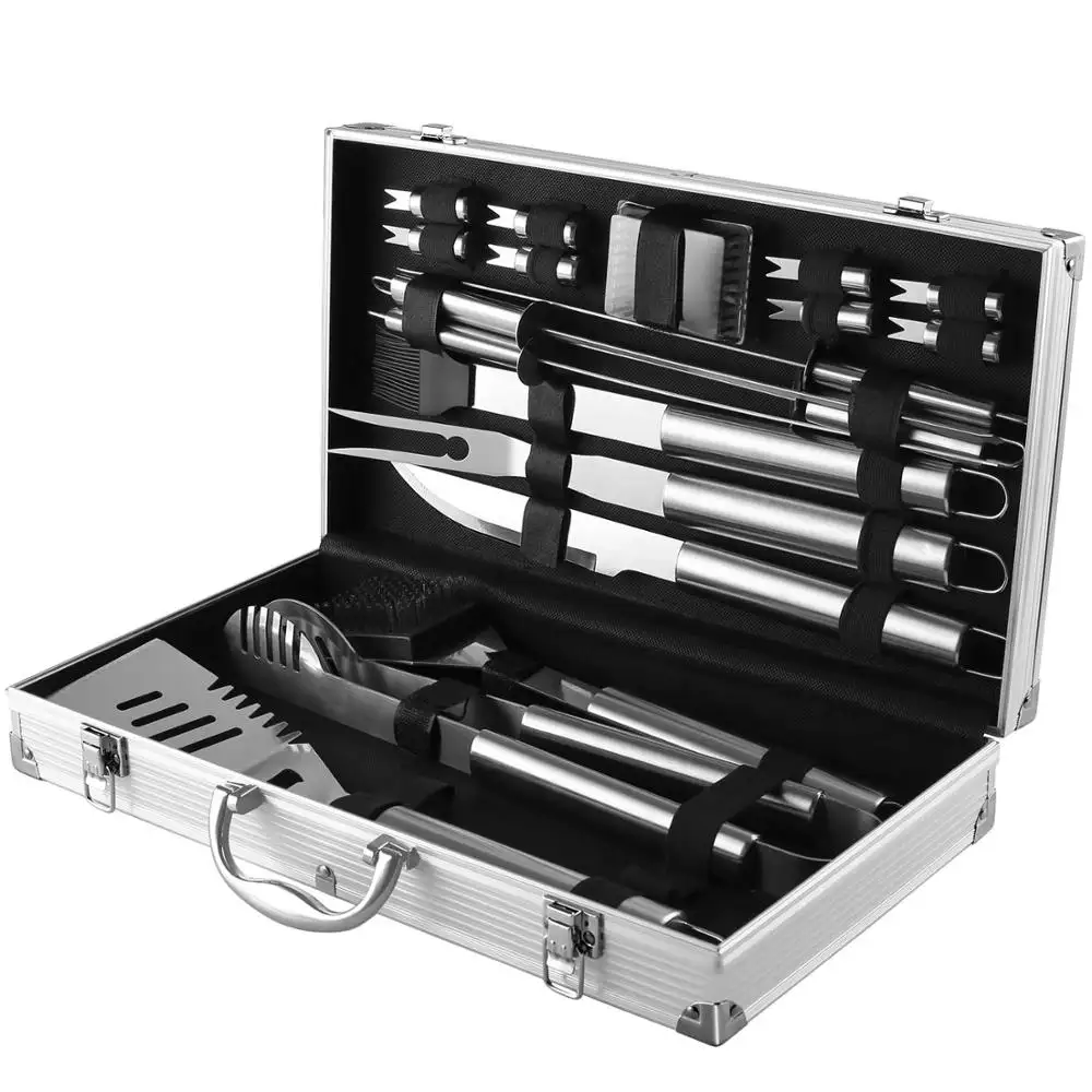 19 PCS Stainless Steel Metal Grill Tool Set BBQ Grills Accessories Utensils Tools Barbecue Aluminum Case for Outdoor Camping