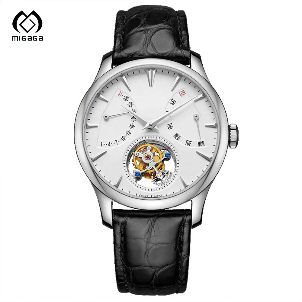 Cusrom Black Leather Band Water Resistant 35mm Dial Mechanical Movement Tourbillon Watch for Men