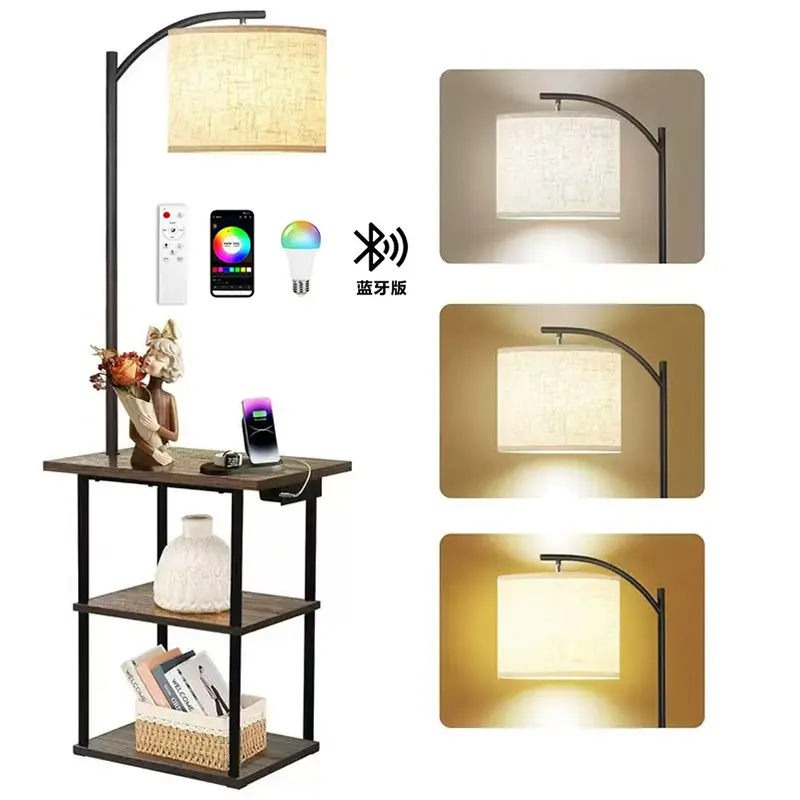 Modern LED RGB Light E27 Base USB Charging Floor Lamp with Storage Fabric Sofa Light for Bedroom and Living Room Decor