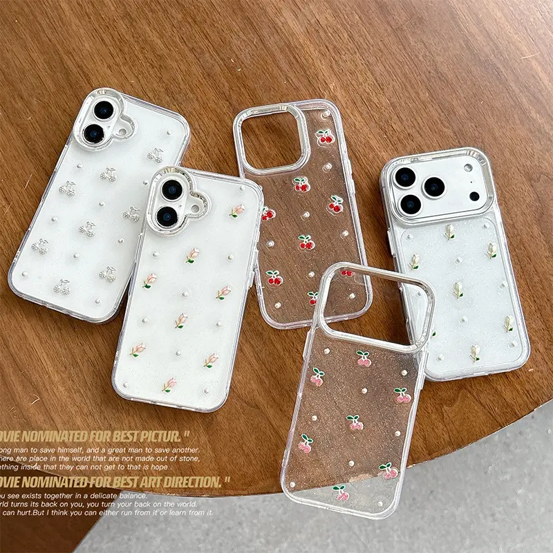 Cherry Tulip Flower Transparent Glitter Phone case for 17 Pro Max Design Soft Shell Women's iphone Cover for 16 15 Shockproof