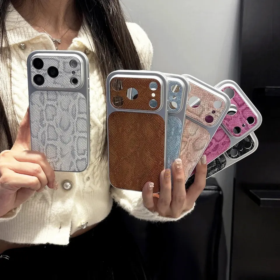 Premium Business Leather Texture Pattern Phone Case for iPhone 17 Air 16 15 14 13 Pro Max Plating Glossy Shockproof Back Cover