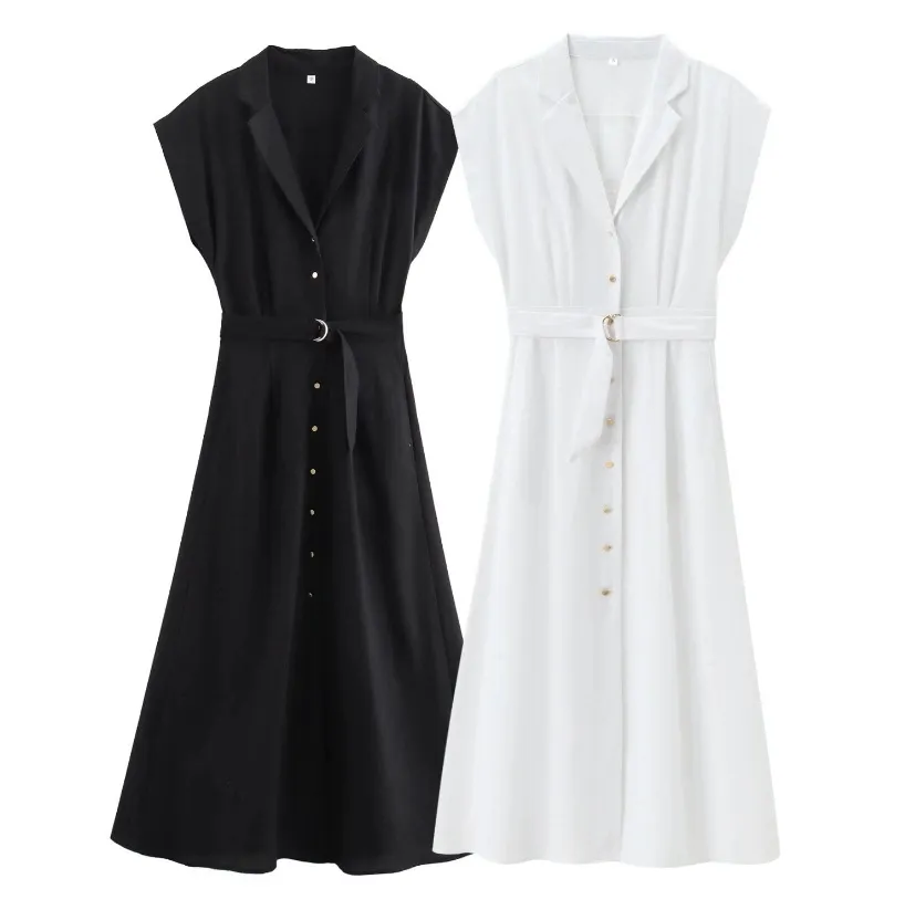 Women's Summer V-Neck Midi Dress Casual Style Solid Pattern Sleeveless Ruched Belt