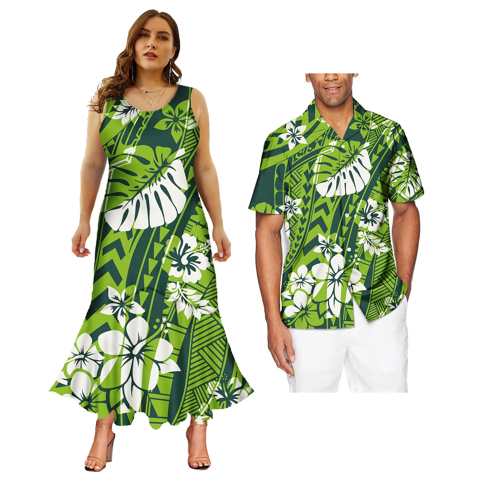 Hot Selling Custom Elegant Mermaid Long Dress Matching Mens Shirts Hawaiian Aloha Dress Polynesian Design Couples Clothing 2PC