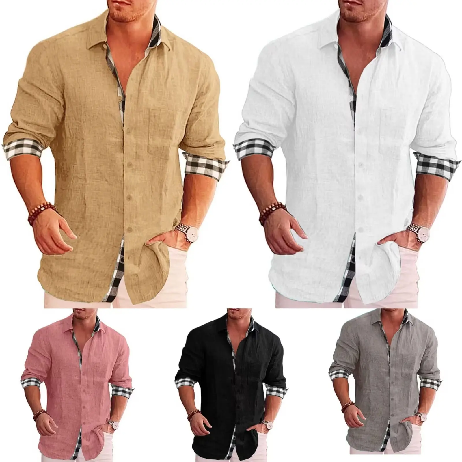 Hot Summer Men's Linen Shirt Solid Stand Collar Casual Button Down Breathable Knitted Cotton for Hot Weather