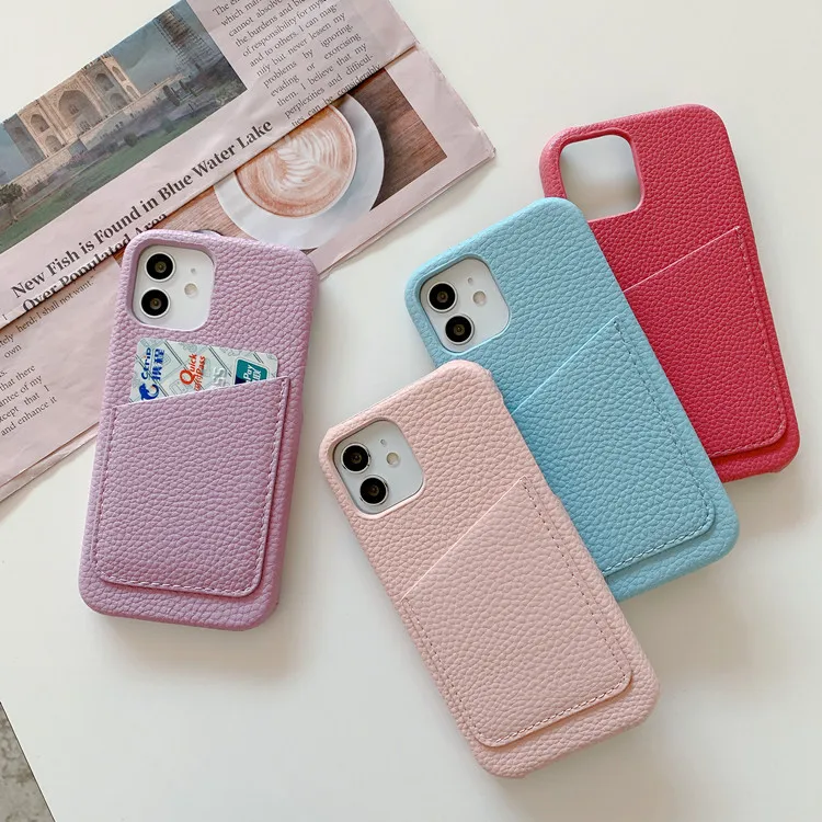 Factory Solid Color Lychee Pattern PU Leather Phone Case With Card Holder Case for Iphone 7- 14 Pro Max