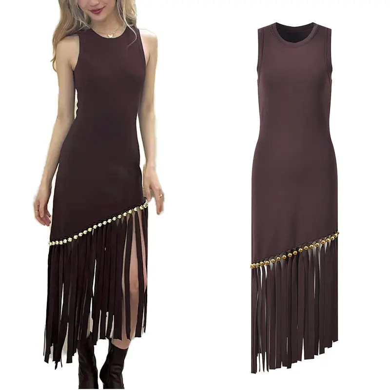 Elegant Women's Summer Sandro Solid Midi Dress Stylish Sleeveless Knitted Breathable Tassel Neck Casual Winter Spring Plain Dyed