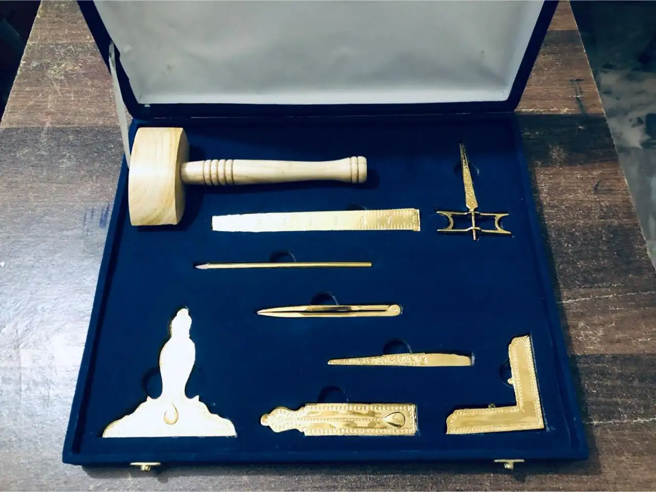 Masonic Toolset Wooden Premium Handcrafted Masonry Tools Trowel Gavel Square Compass and Level Ruler Set with Wooden