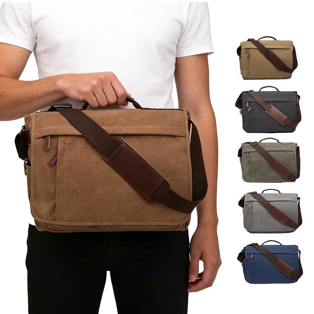 Low MOQ Wholesale Custom Large Capacity Fits 15 16 Inch Laptop Mens Canvas Shoulder Bag Crossbody Business Laptop Shoulder Bag