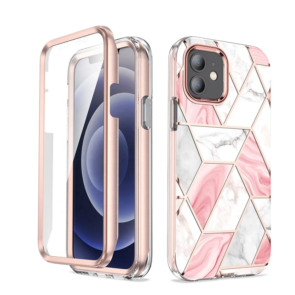 2021 New Arrival Built in Screen Protector Phone Case for iPhone 12 Mini, PC Glossy Marble Case for iPhone 12 Pro Max