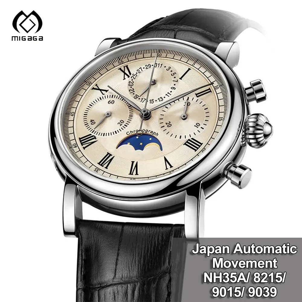 Factory Custom Stainless Steel case Leather Trap Japan Movement Men's Automatic Sun and Moon Phase Watch