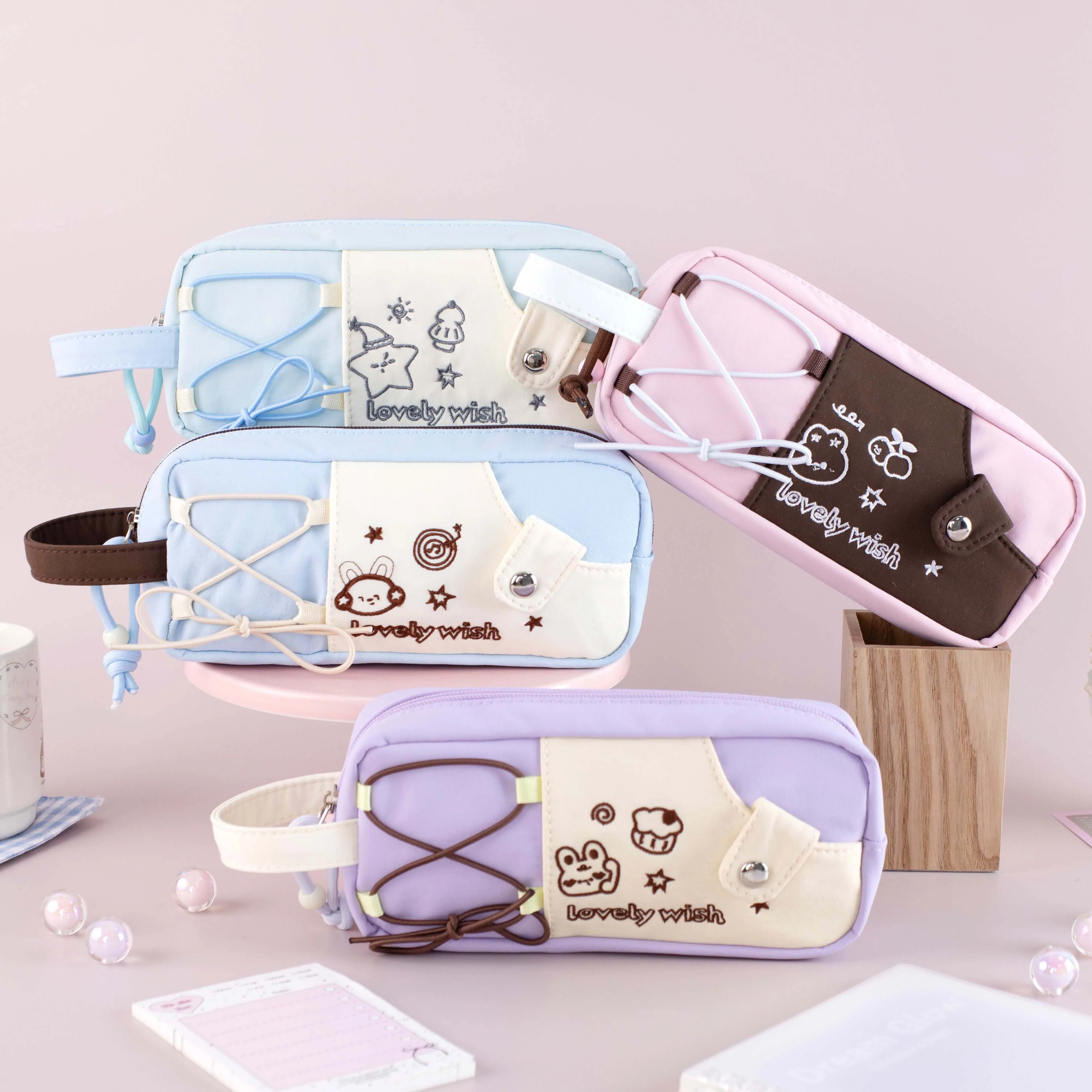 Wholesale Cute Cartoon Square Multi-Layer Pencil Case Polyester Pen Bag with Handle Wholesale Custom