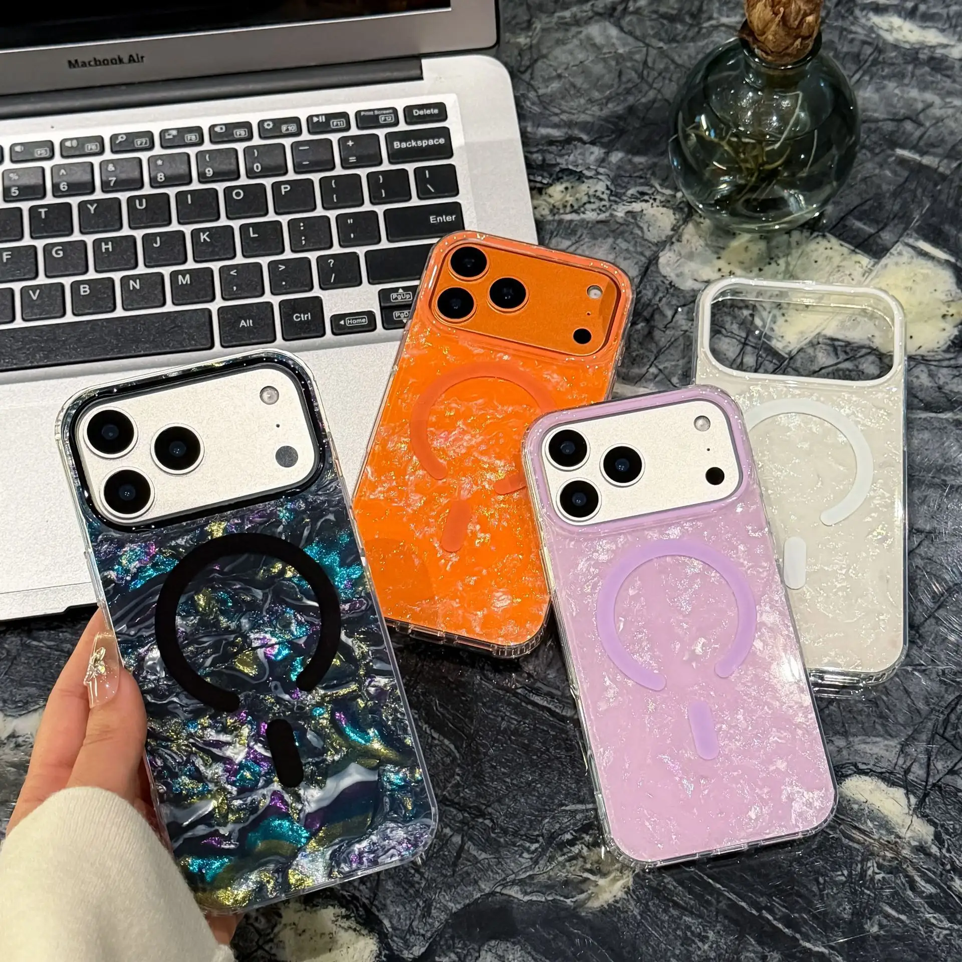 Luxury Glitter Gilded Colored Sea Shell Pattern Magnetic Phone Case for IPhone17 Air 16 15 Pro Max Shockproof Bumper Cases Cover