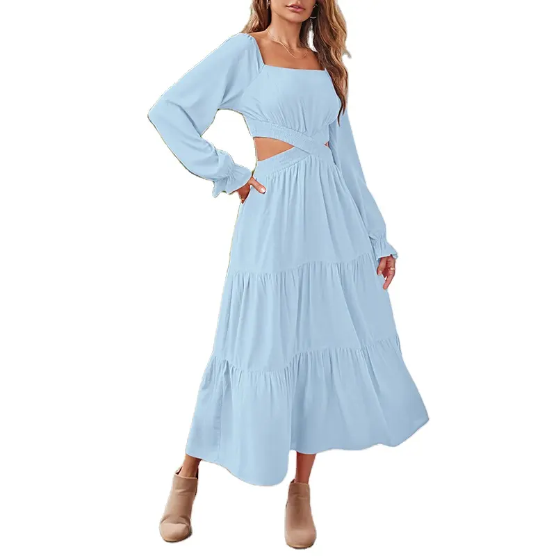 Custom High Quality Summer Causal Color Ladies Dresses Women Long Sleeve Dresses Women Crossover Waist Ruffle Tiered Dress