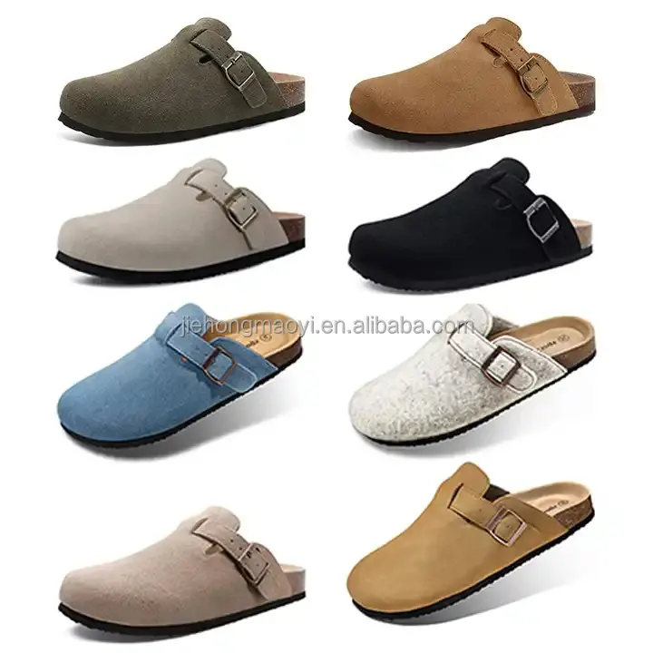 Birkenstocks Spring Collection Cowhide Flat Sandals Cork Sole Heightened Sole Closed Toe แบบสวมปิดนิ้วเท้า หนังวัวแท้