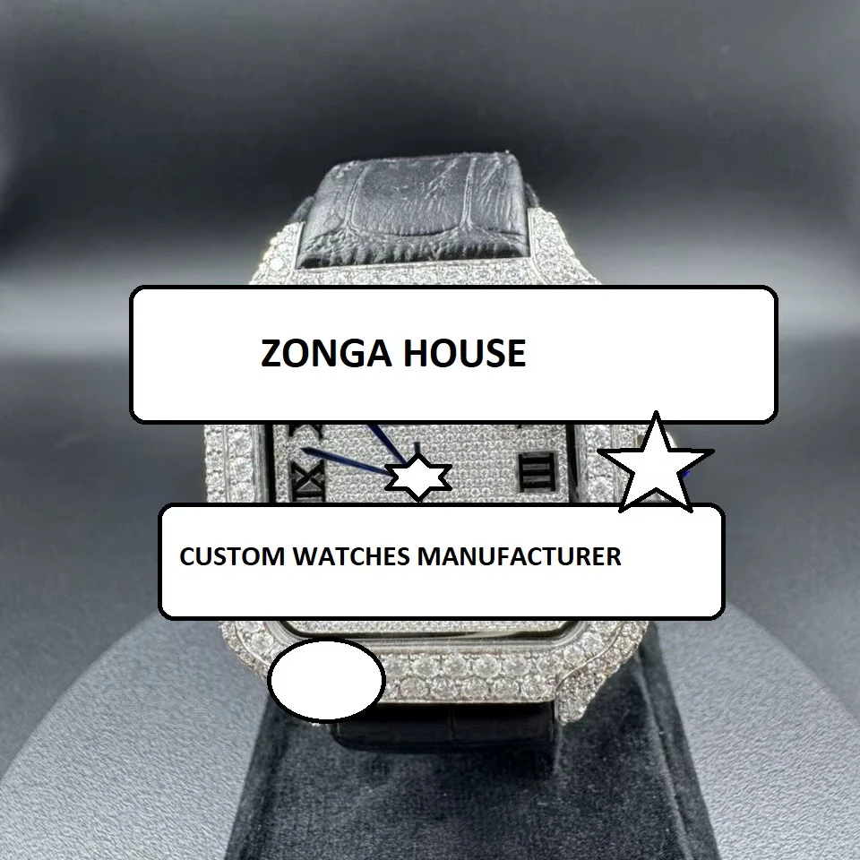 Customized Square Men's Hip Hop Watch Stainless Steel Cut Moissanite Diamond Unique Analog Glass Fashionable Leather Belt