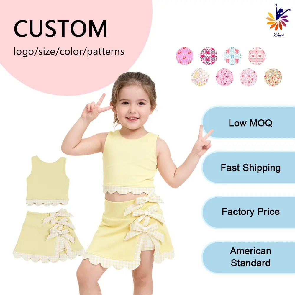 Girls 2 Piece Yoga Sleeveless Tank Skirt Set Bow Decor Built in Shorts Sweet Casual Custom Fast Shipping